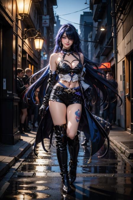 best quality, masterpiece, 1girl, solo, looking at viewer, smile, standing, full body, acheron cosplay costume, acheron, cosplay, blue hair, very long hair, hair over one eye, shirt, asymmetrical clothes, singel sleeves, shorts, crop top, belt, tattoo, gloves, singel elbow glove, large breasts, breasts, cleavage, boots, knee boots, high heel boots, in street, night, people, building, detailed background, light, <lora:Honkai_StarRail_Acheron_costplay_costume_v1:0.65>