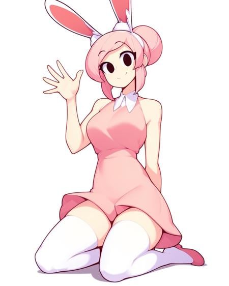 score_9, score_8_up, score_7_up, solo, 1girl, woman, fiz (/fizintine)/, pink hair, hair bun, bunny ears, smile, on knees, white thighhighs, pink dress, sleeveless dress, waving, white background, looking at viewer, dynamic angle, black eyes, by fizintine, <lora:Fizintine_Art_Style_Pony_DIffusion:1>