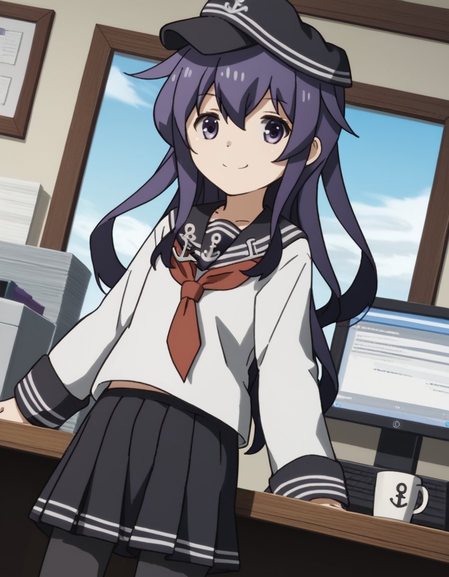 score_9, score_8_up, score_7_up, source_anime, <lora:kancolle-akatsuki-s1-ponyxl-lora-nochekaiser:1>, akatsuki, long hair, hair between eyes, purple eyes, purple hair, akatsuki (kancolle), skirt, shirt, long sleeves, hat, school uniform, pantyhose, pleated skirt, serafuku, black skirt, sailor collar, neckerchief, black pantyhose, red neckerchief, anchor symbol, flat cap,, home office, working from home, computer screen, coffee cup, focus, deadline, , looking at viewer, smile, solo,, cowboy shot, dutch angle