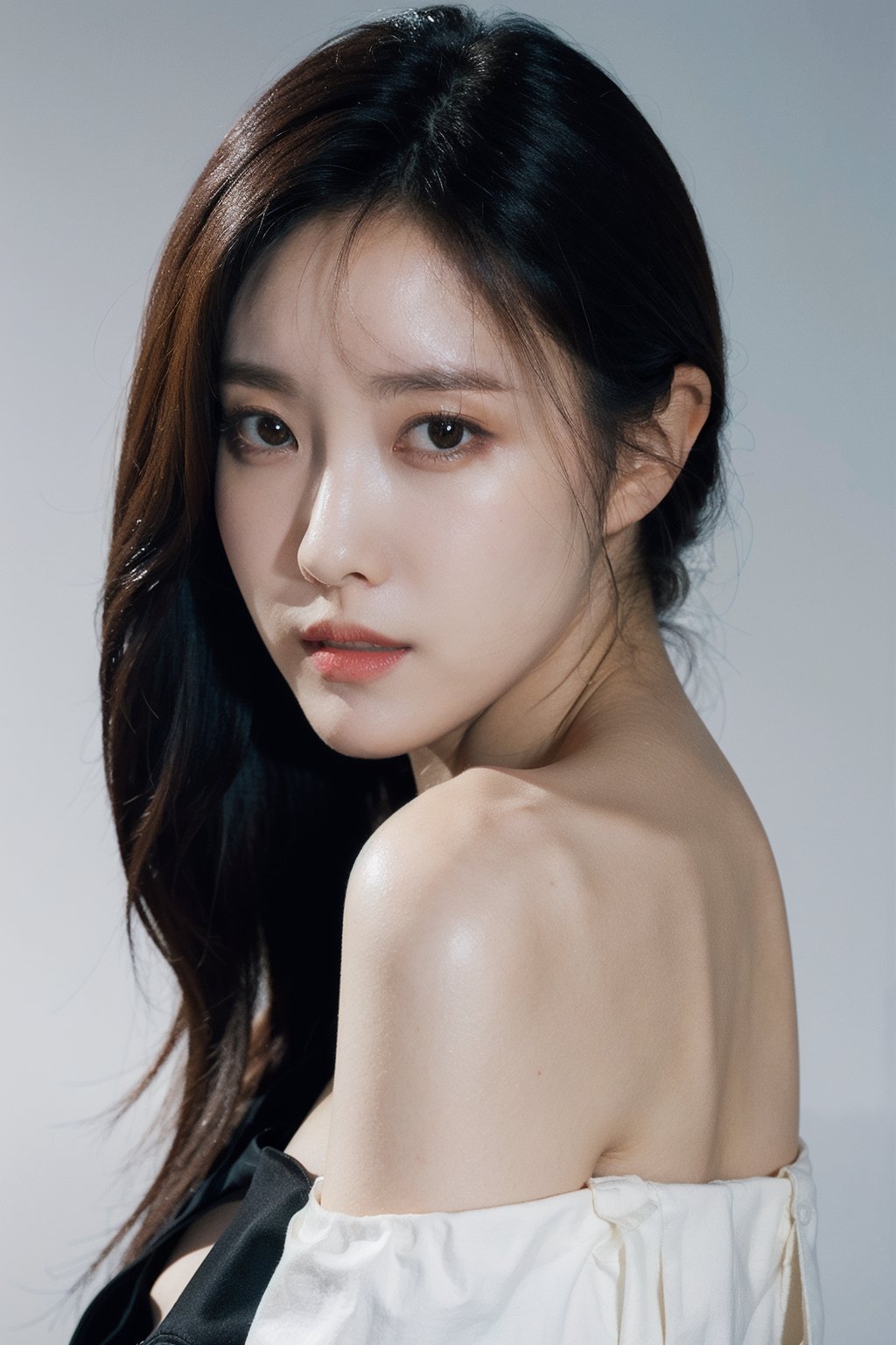 Best quality, masterpiece, ultra high res, (photorealistic:1.4), raw photo,1girl, solo, realistic, looking at viewer, upper body,simple background, black dress, off shoulder,  <lora:makina69_hyomin_v1.0:1>,  from front