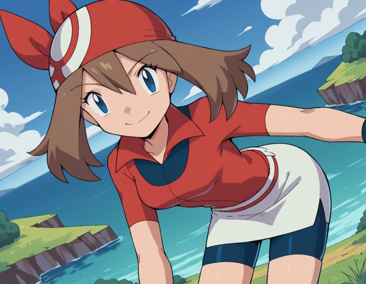 score_9, score_8_up, score_7_up, source_anime, <lora:pokemon-may-anime-ponyxl-lora-nochekaiser:1>, pokemonmay, blue eyes, brown hair, bandana, long hair, red bandana, twintails, hair between eyes,, bike shorts, collared shirt, gloves, microskirt, multicolored shirt, pencil skirt, red shirt, shirt, short sleeves, skirt, white skirt,, landscape, bent over, smile,, looking at viewer, solo, cowboy shot, dutch angle