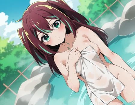 score_9, score_8_up, score_7_up, source_anime,matamaakoya, <lora:matama-akoya-ponyxl-lora-nochekaiser:1>matama akoya, long hair, brown hair, green eyes, multicolored hair, aqua eyes, two side up, streaked hair,nude, naked, outdoors, onsen, towel, naked towel, steam, bathing, nude cover, partially submerged, water, bath, steam censor, wet towel,looking at viewer, dutch angle, cowboy shot