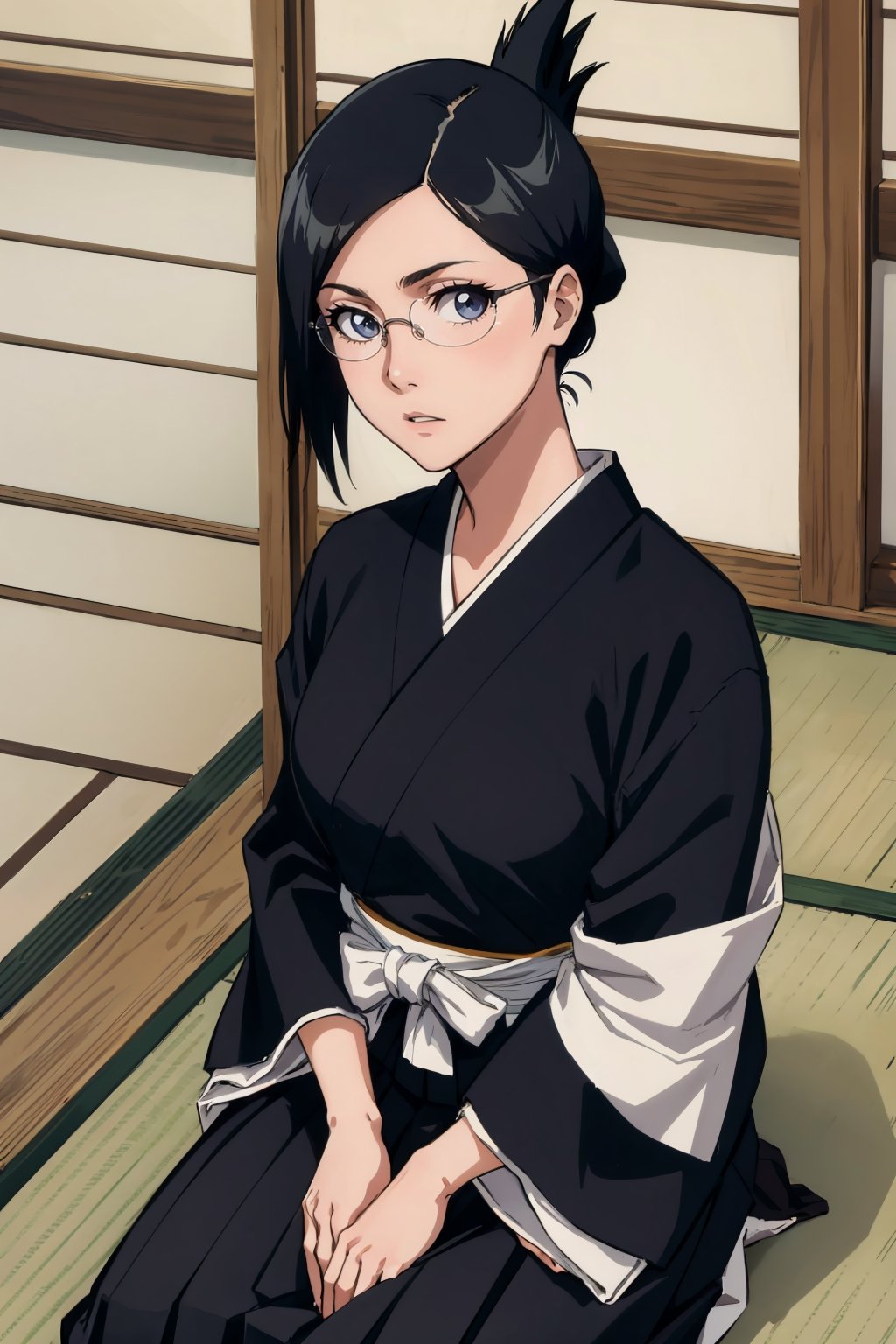 masterpiece, best quality, <lora:isenanao-nvwls-v1-000009:0.9> ise nanao, folded ponytail, glasses, black robes, sash, hakama skirt, seiza, japanese architecture, indoors, looking at viewer, from above