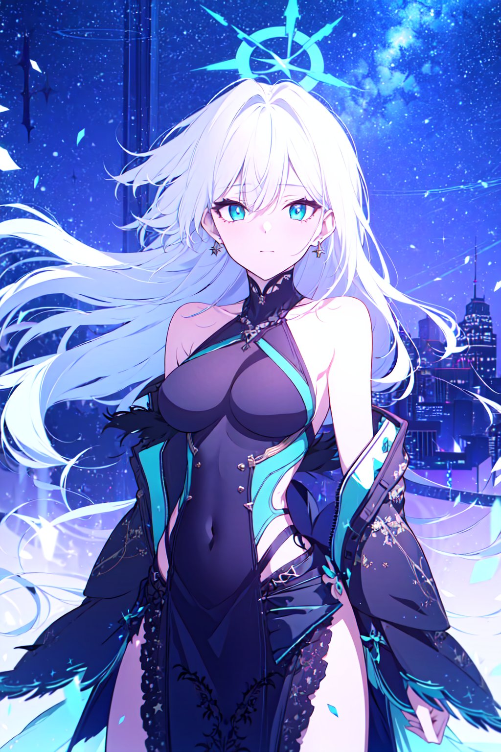 1girl,solo,fair_skin,adult,slender face,eyeshadow,slender,medium breasts,bright_pupils,beautiful_detailed_eyes,aqua eyes,air bangs,white hair,slender_waist,earrings,(cowboy_shot),(solo_focus),stars in the eyes,messy floating hair,colored inner hair,Starry sky adorns hair,depth of field,absurdres,