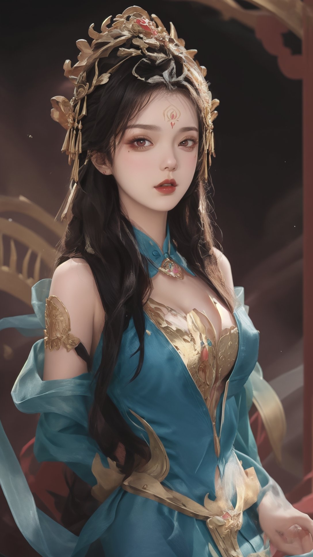 (1girl),smooth chin,masterpiece,detailed face,((hair ornament:1.2)),top quality,4k,make up,best quality,large breasts,(looking at viewer),red ribbon,dress,arms behind back,(wariza),shawl,detached sleeves,chinese building,forehead mark,golden hair ornament,<lora:王者 杨玉环 原皮_v1.1:0.7>,