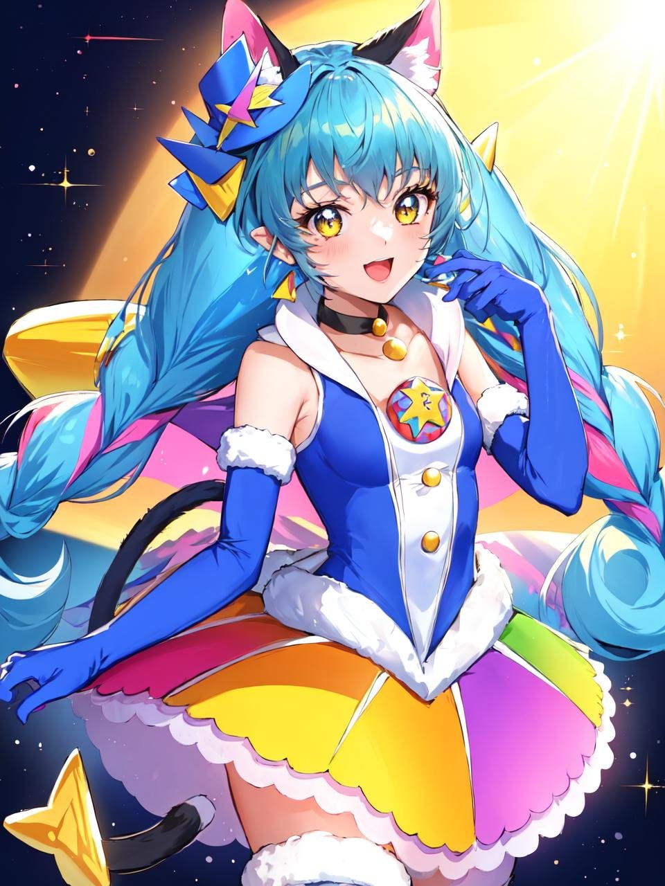 masterpiece, best quality, looking at viewer, depth of field, standing, full_body, open mouth, 1girl, <lora:locon_cure_cosmo_01:0.95>, cure cosmo, cat girl, mini hat, multicolored hair, blue elbow gloves, blue thigh boots, choker, collar, earrings, smile, ((gradient background)), lens flare,