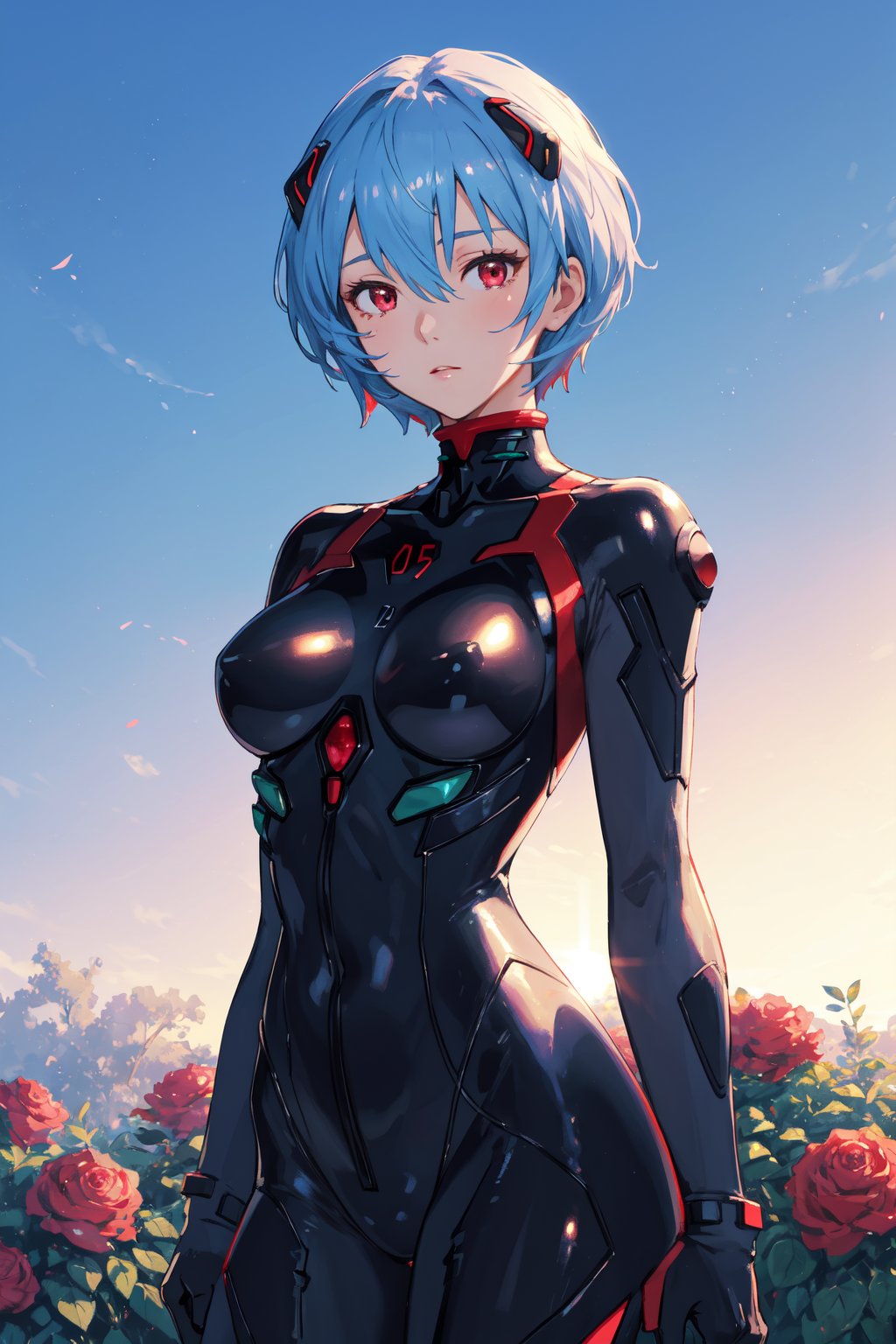 <lora:Rei-000011:0.6>,Rei CYQL,1girl,looking at viewer,solo,blue hair,red eyes,hair between eyes,medium breasts,(Rei 09,short hair,black bodysuit,plugsuit,interface headset,bodysuit,two-tone sleeves),teardrop,panorama,Rose bushes,Garden arch,Wedding ceremony,Floral arrangements,Romantic setting,Wedding vows,beautiful detailed sky,beautiful detailed glow,posing in front of a colorful and dynamic background,masterpiece,best quality,beautiful and aesthetic,contrapposto,female focus,wallpaper,