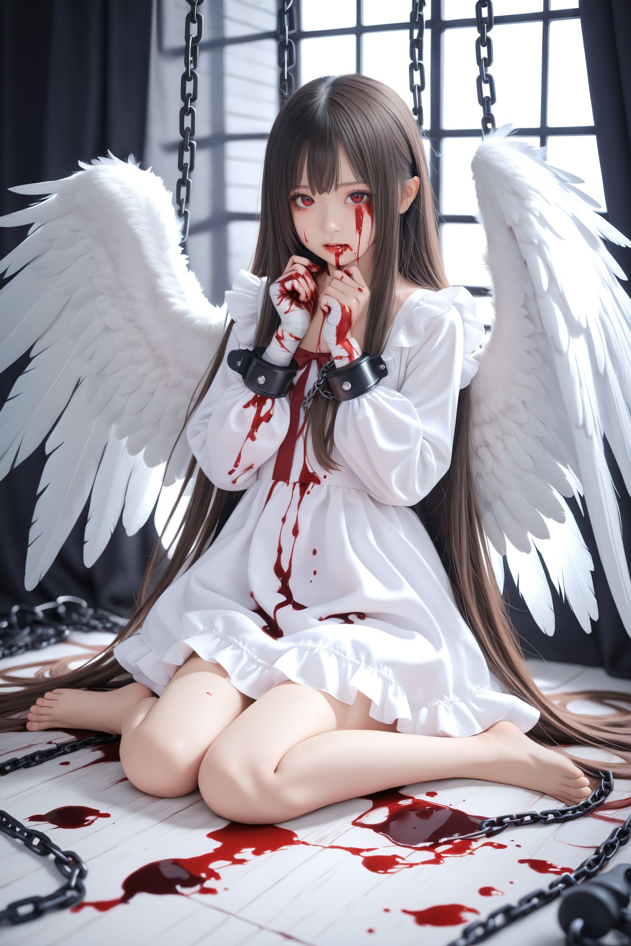 (masterpiece),(best quality),loli,1girl,solo,wings,blood,long hair,sitting,chain,red eyes,blood on hands,feathered wings,barefoot,blood on face,blood from eyes,dress,long sleeves,cuffs,feathers,frills,looking at viewer,very long hair,white wings,bandages,shackles,bangs,