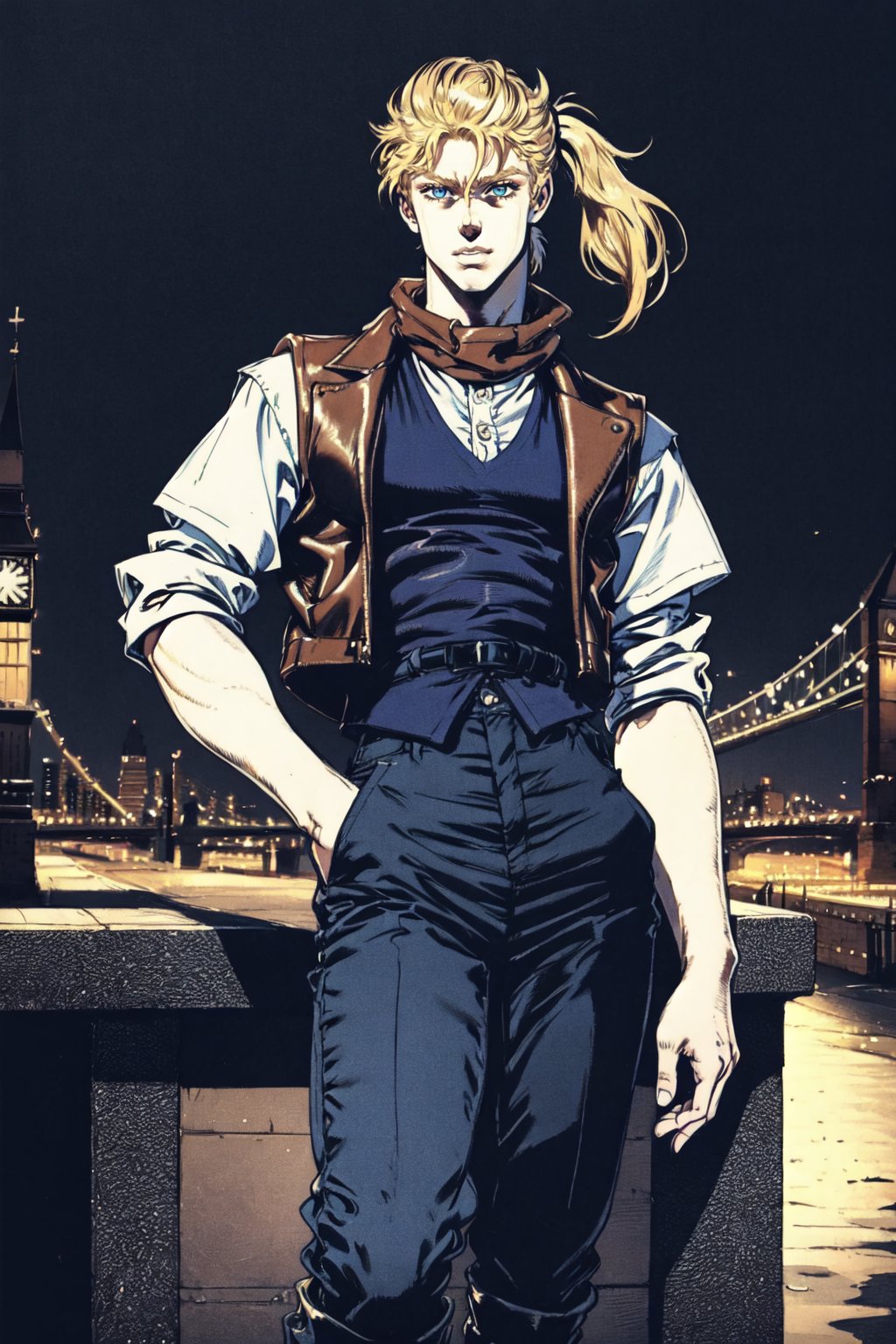 (masterpiece, best quality, highres, ultra-detailed),(beautiful and aesthetic:1.2), 1man, male focus, wavy blonde hair, blue eyes, high short ponytail, beautiful face, (slight smile:0.8), detailed eyes and face, male body, brown leather vest, white shirt, rolled-up sleeves, fitted trousers, rugged boots, long flowing scarf, victorian london, at night, intricate details,  <lora:JOJO'S_BIZARRE_ADVENTURE_Part1and2_ComicStyle-000055:0.8> asd