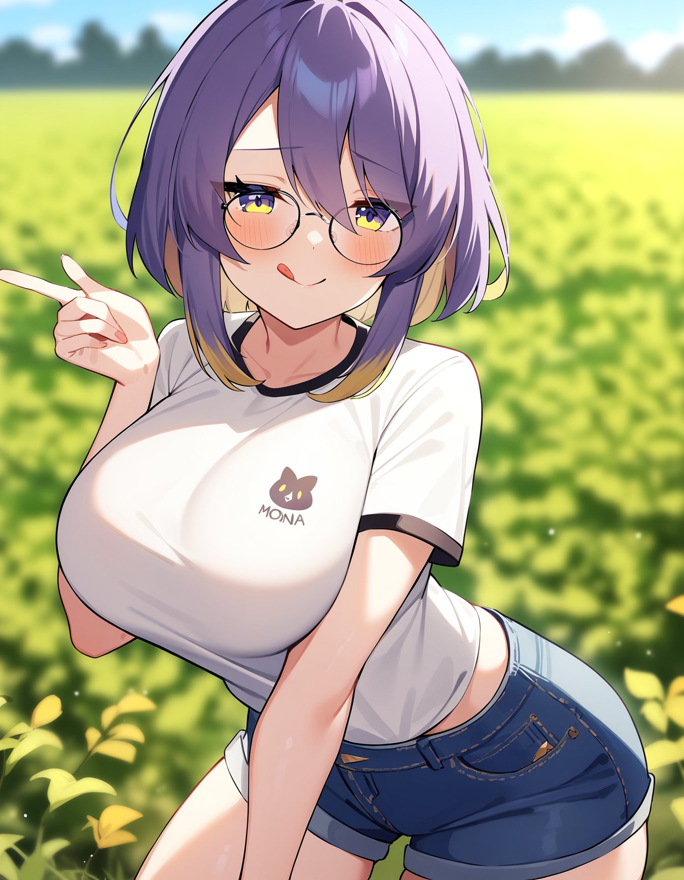 1girl, moona hoshinova, hololive indonesia, hololive,short hair, gradient hair, streaked hair, large breasts, white t-shirt, naughty face, tongue out, denim shorts, round eyewear,field, depth of field,masterpiece, best quality, very aesthetic, absurdres,