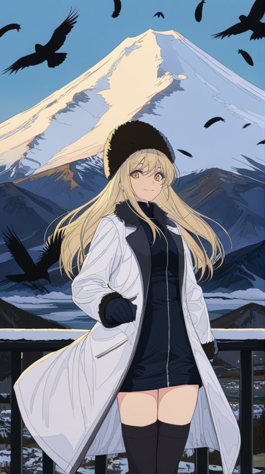 (best quality), ((masterpiece)), (highres), illustration, original, extremely detailed,  <lora:城静时光茶香美:0.7>1girl, bird, yellow eyes, thighhighs, long hair, hat, solo, outdoors, smile, fur hat, black thighhighs, mountain, looking at viewer, coat, feathers, closed mouth, sky, long sleeves, railing, white coat, crow