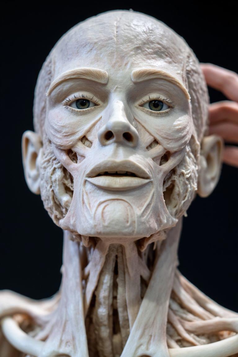 <lora:Plastinates-000015:1>, photograph of a plastinate in an hi tech office