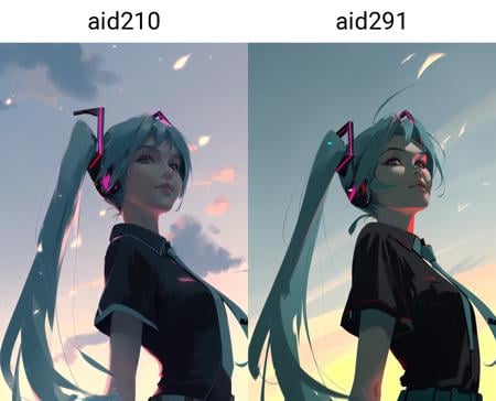 by wlop, flat color, stunning color scheme, scenery, depth of field, dynamic angle, hatsune miku, 1girl, very long hair, (twintails:1.2), (floating hair:1.3), aqua hair, hair over one eye, aqua eyes, headphones, happy expressions, solo, in the sci-fi city at night, cyberpunk, neon lights, intricate lights, necktie, shirt, short sleeves, upper body, looking at viewer, black shirt, collared shirt, closed mouth, aqua necktie, detailed clothes