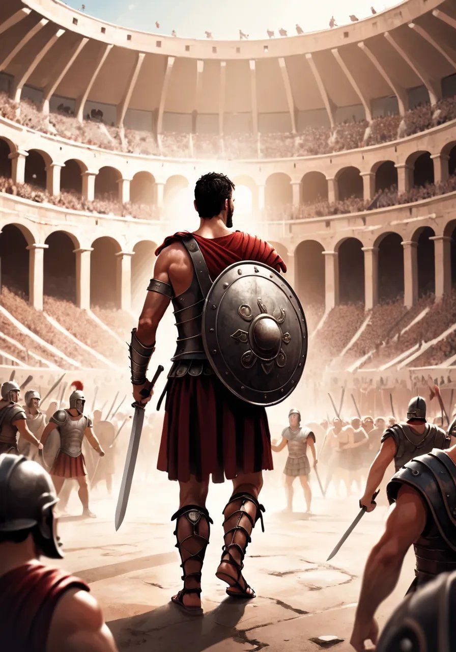 hires,best quality,Illustration of a Roman gladiator standing in the Colosseum, surrounded by roaring crowds and wielding a sword and shield, with his eyes fixed on an opponent across the arena, ready for battle.