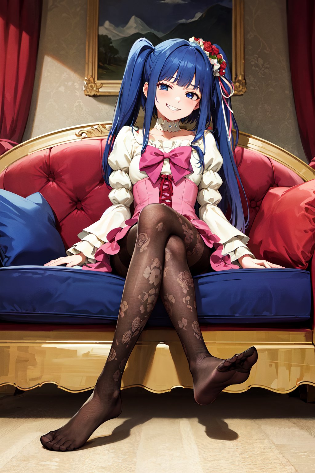 masterpiece, best quality, highres, aaerika, long hair, twintails, hair ornament, choker, pink bow, frilled dress, layered dress, pantyhose, print legwear, <lora:furudo_erika_v1:0.7>, sitting, sofa, crossed legs, grin, (feet:1.1), no shoes, 