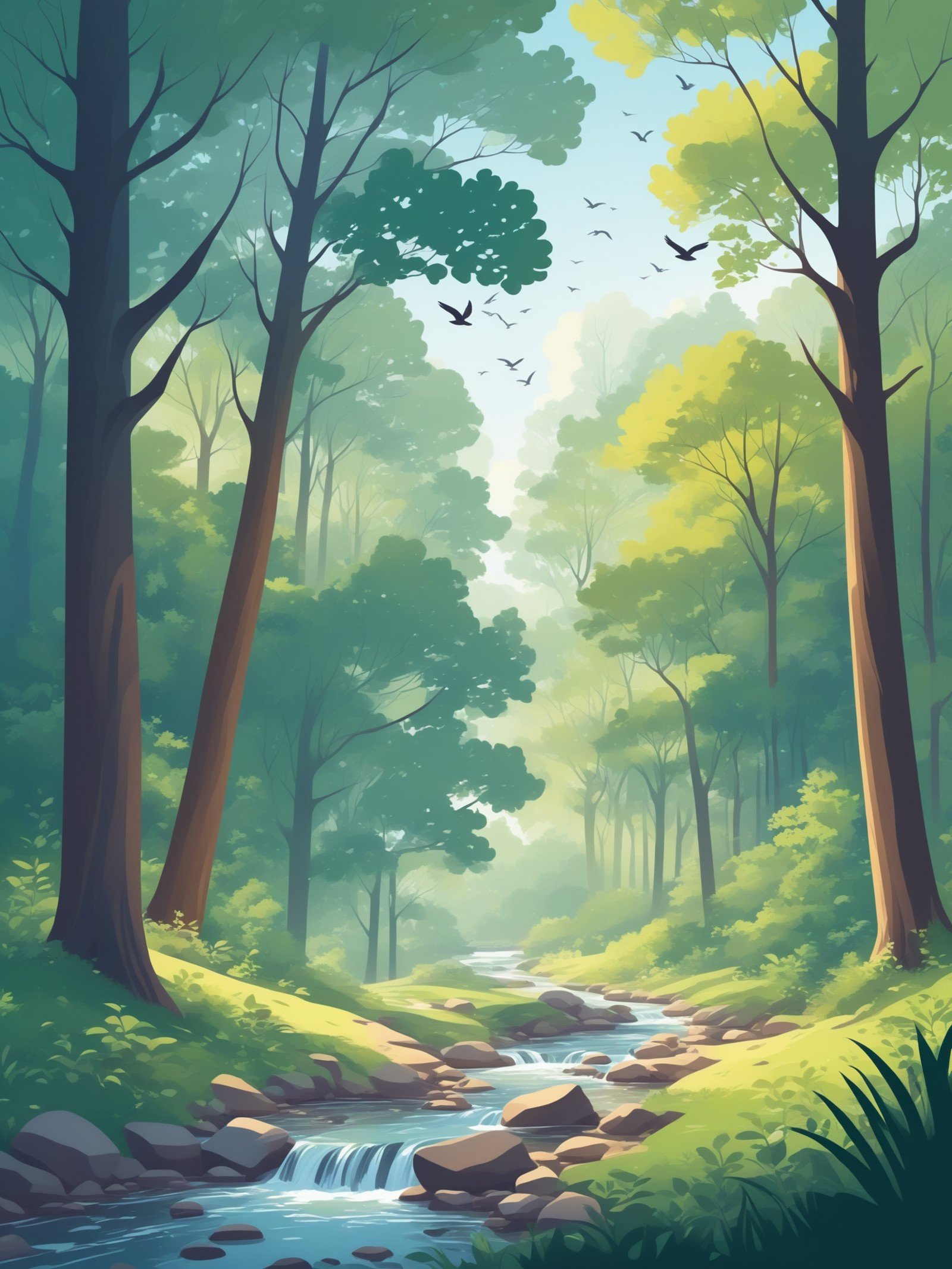 FRESHIDEAS landscape,A vector illustration of a serene forest,tall trees with lush green leaves,a small stream flowing through. Birds perched on branches,soft sunlight filtering through the leaves,creating dappled shadows on the ground. Created Using: Adobe Illustrator,flat design,gradient shading,clean lines,minimalistic style,bright colors,natural textures,detailed foliage,crisp edges,hd quality,natural look,