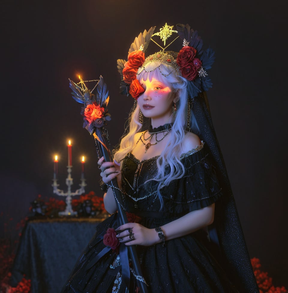 (A crow stands on the woman's shoulder:1.5),gothic girl,1girl,red flower,solo,flower,dress,ring,black dress,jewelry,red rose,candle,rose,glowing,long hair,holding,veil,hat,white hair,wand,hair ornament,hair flower,off-shoulder dress,looking at viewer,off shoulder,glowing eyes,facial mark,nail polish,exquisite makeup,gothic-style clothing,the refracted sunlight shines on the face and hands,the refracted sunlight shines on the face,rose scepter,<lora:乌鸦少女-000004:0.4>,kind_smile,(path),nature,sea,