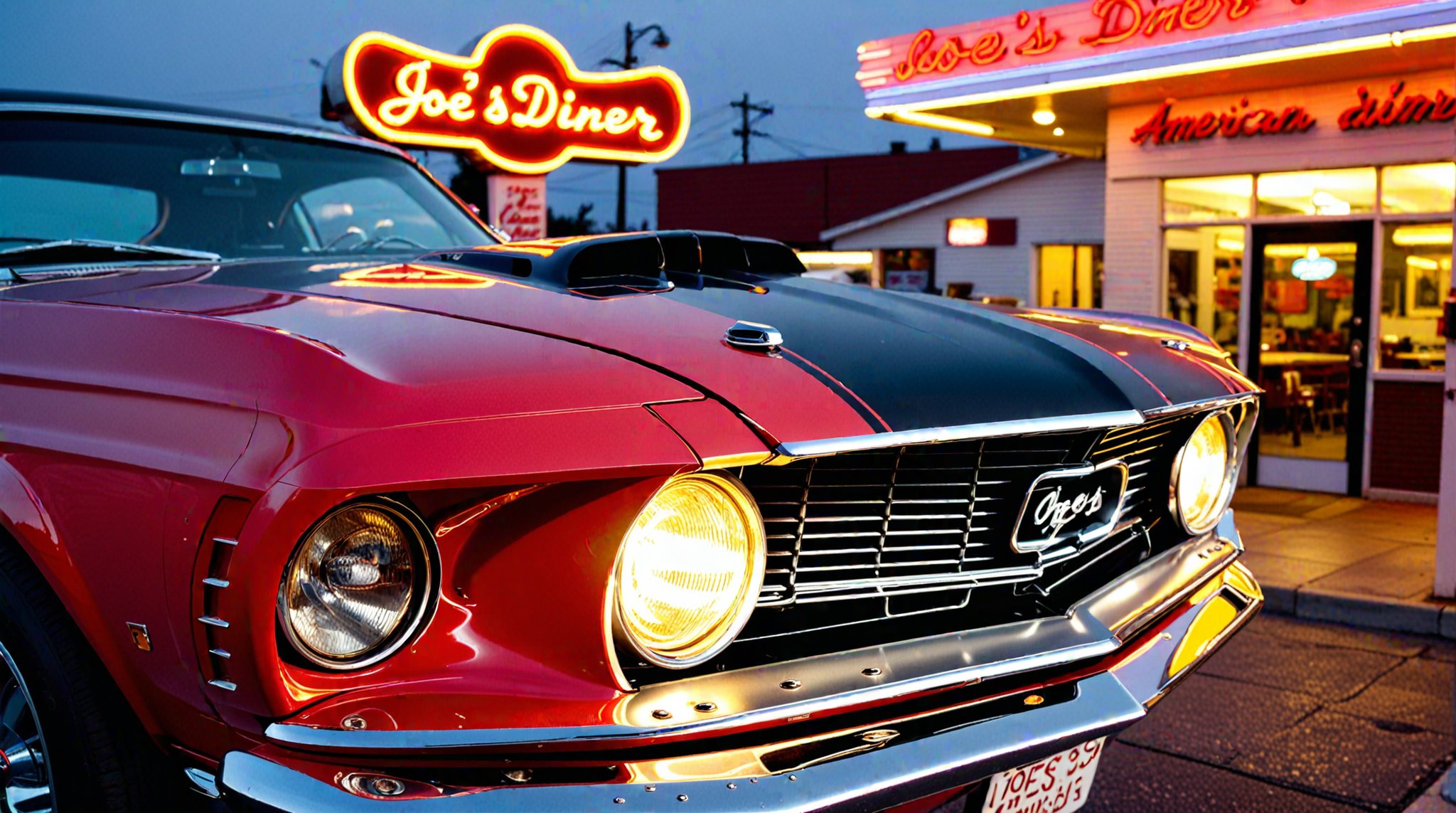 “A close-up of a red 1969 Ford Mustang's grille and headlights, with the car parked in front of a classic American diner. The diner's neon sign reads "Joe's Diner - Established 1954".”