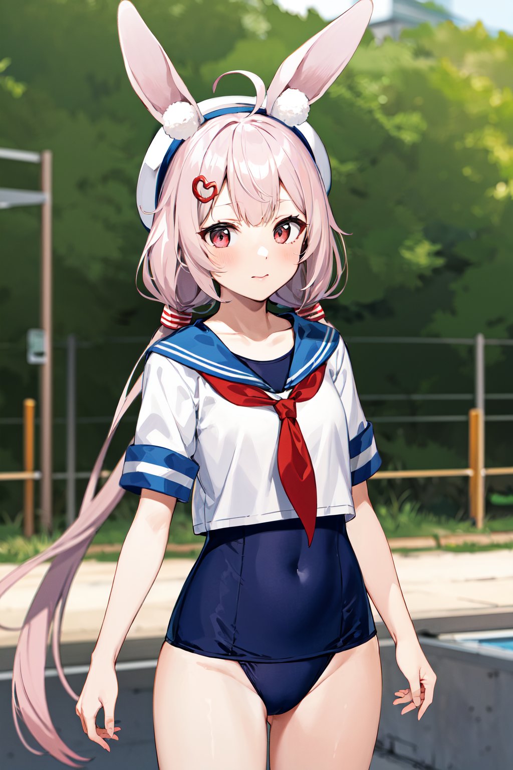 masterpiece, best quality, highres, bbtomari, long hair, low twintails, ahoge, rabbit ears, animal ear fluff, white headwear, hairclip, serafuku, red neckerchief, white shirt, swimsuit under clothes, school swimsuit, <lora:tomari_mari_v1:0.7>, standing, cowboy shot, 