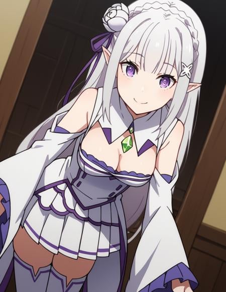 score_9, score_8_up, score_7_up, source_anime, <lora:rezero-emilia-s1s2-ponyxl-lora-nochekaiser:1>, emilia, braid, crown braid, flower, hair flower, hair ornament, hair ribbon, long hair, pointy ears, purple eyes, white hair, x hair ornament,, detached collar, detached sleeves, frilled sleeves, frills, long sleeves, miniskirt, pleated skirt, ribbon, skirt, thighhighs, white skirt, white sleeves, white thighhighs, wide sleeves, zettai ryouiki,, indoors, bent over, smile, looking at viewer, solo,, cowboy shot, dutch angle