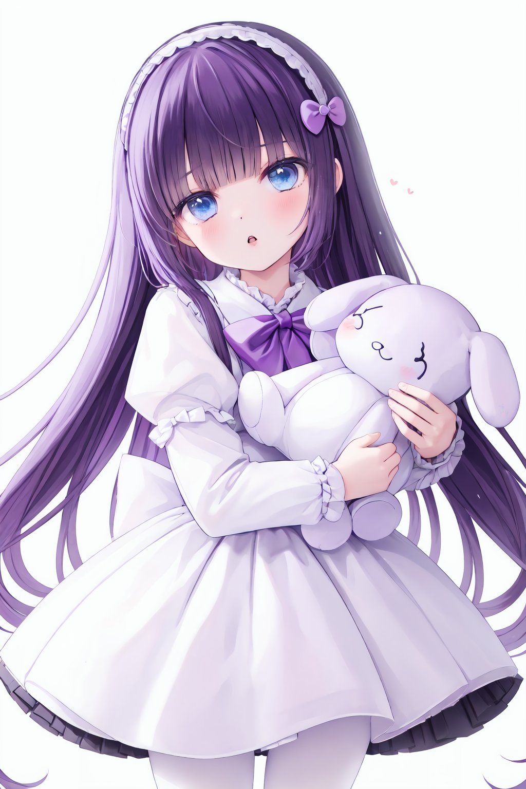 1girl,solo,long hair,blue eyes,stuffed toy,stuffed animal,bow,long sleeves,looking at viewer,bangs,hairband,blush,dress,holding stuffed toy,holding,pantyhose,purple hair,white pantyhose,parted lips,white hairband,hair ornament,white dress,heart,stuffed bunny,frills,purple bow,skirt,very long hair,standing,puffy sleeves,blunt bangs,white background,yunmi style,sf5etf98,s6f8ey8vsdj,dr6g8cvwo,s5fr8gt,a35veo8vsdo,c6gw9oyh,c6s9eo5j,