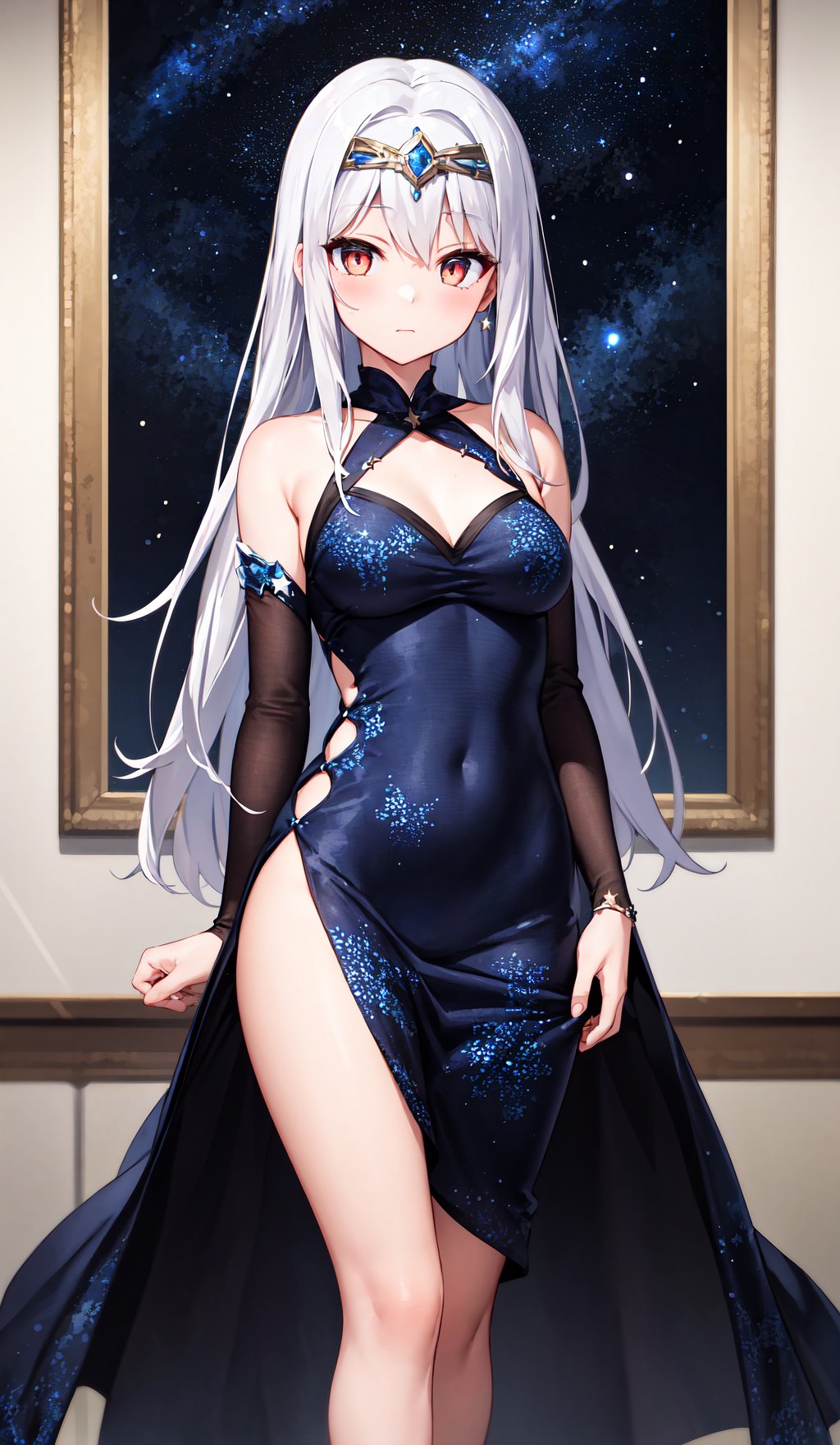 masterpiece, best quality, detailed, 1girl, circlet, starry night, star print dress, very long silver hair, closed mouth, silver eyes