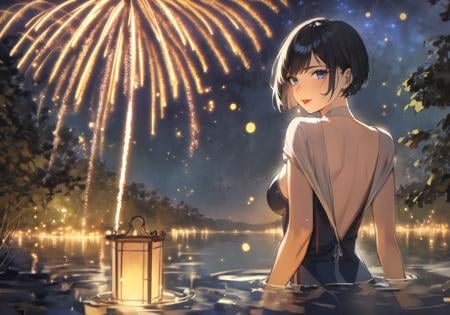 1girl, black hair, short hair ,pixie cut, blue eyes, red lips, one-piece swimsuit, undressing, breasts out, partially submerged, medium breasts, from behind, looking back, seductive smile, mature female, scenery, lake, outdoors, nature, fireflies, night, new moon,upper body,  fireworks, [nababa|dino \(dinoartforame\)|camonome]