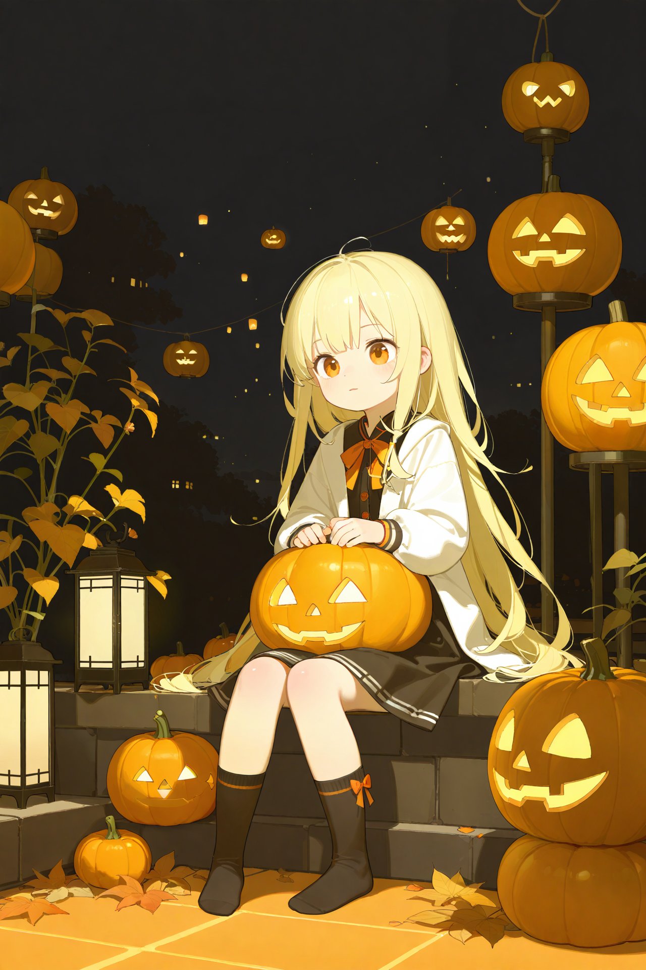 artist:ciloranko,artist:chenbin,artist:tianliang duohe fangdongye,bright outline,,1girl, solo, long_hair, blonde_hair, sitting, socks, pumpkin, lantern