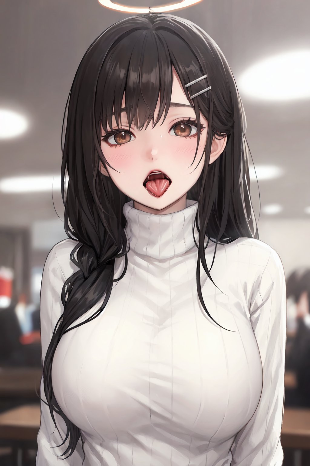 1girl, solo, halo, black hair, long hair, blush, tongue, looking at viewer, open mouth, tongue out, bangs, hair ornament, hairclip, saliva, breasts, sweat, large breasts, upper body, blurry background, sweater, brown eyes, turtleneck, blurry