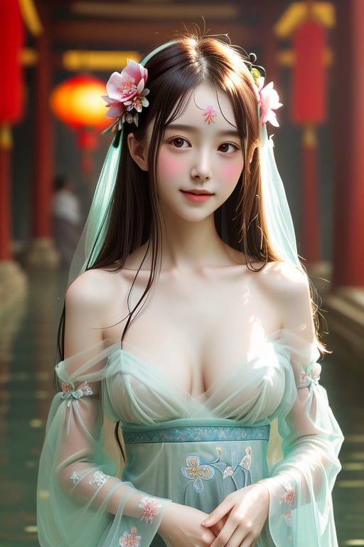 (((masterpiece))), (((best quality))), (((half body))), (((closeup))), ((forehead floral mark)), solo, 1girl, smile, longhair, ribbon, bare shoulders, collarbone, cleavage, strapless, (((see through long sleeves))), ((light mint see through complex pattern sheer hanfu))), (((big tits))), (((petite figure))),  (((ancient china palace))), ((night lights)), (((partially submerge))), <lora:tangfengspabelleV2:0.2>