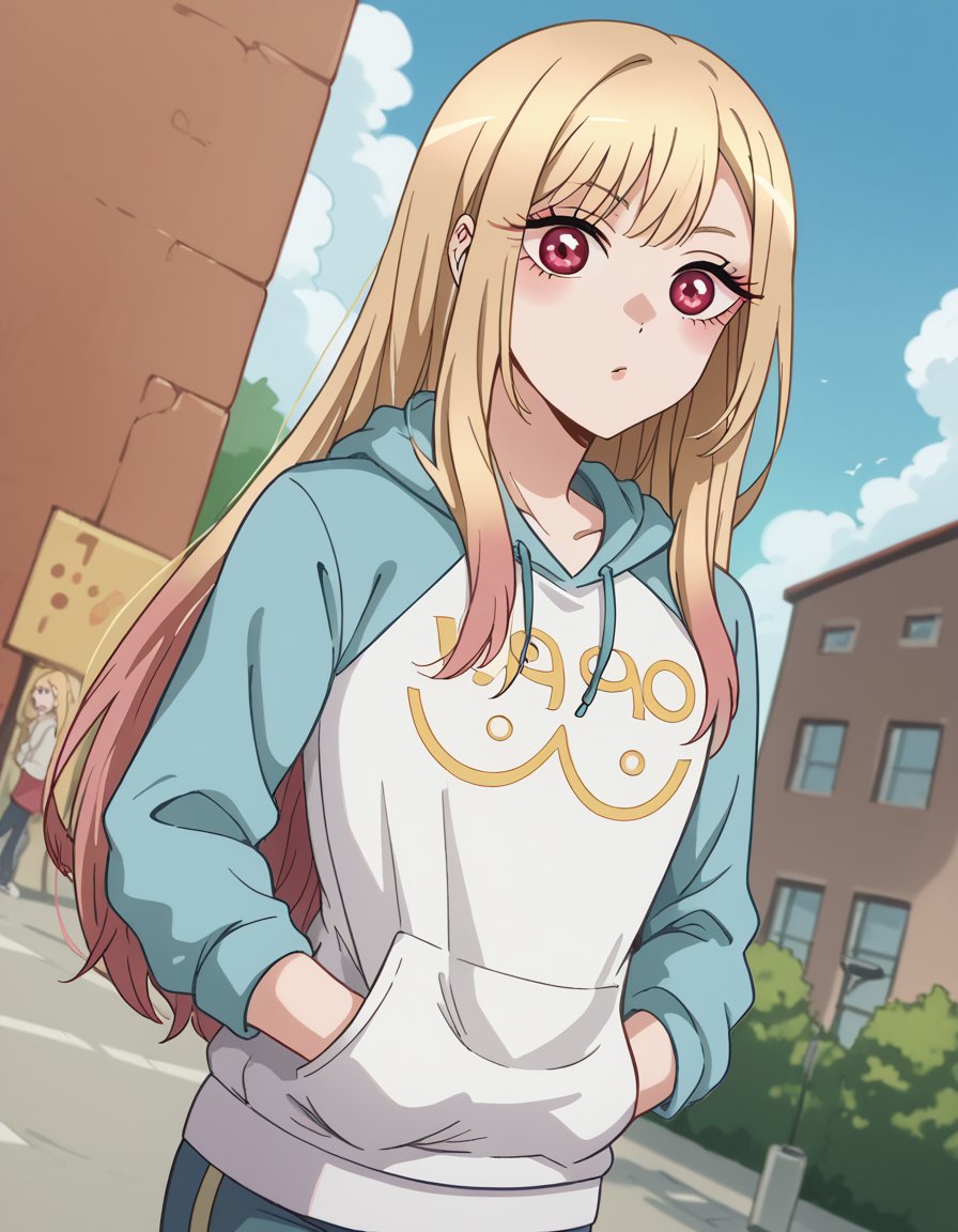 score_9, score_8_up, score_7_up, source_anime, marinkitagawa, <lora:marin-kitagawa-ponyxl-lora-nochekaiser:1>, marin kitagawa, long hair, bangs, blonde hair, red eyes, multicolored hair,, <lora:oppai-hoodie-ponyxl-lora-nochekaiser:1>, oppai hoodie, hoodie, raglan sleeves, clothes writting, hands in pocket,, outdoors, street,, cowboy shot, dutch angle, solo,