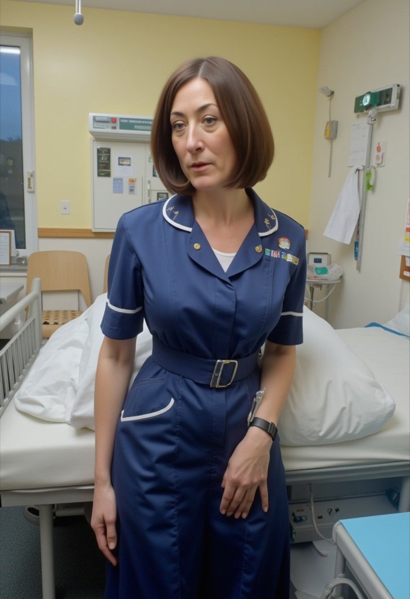 Hasselblad X2D 100C with polarizing filter, low exposure, high contrast, ISO 125, with a 50mm prime lens, breathtaking 1girl, mature slim woman, straight dark brown hair in a short bob hairstyle, in a British hospital ward, posing, nurse, nurse dress, nurse uniform, NHS, dark blue, 