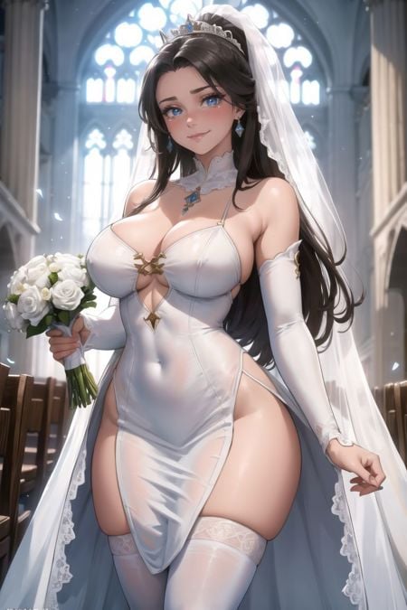 (masterpiece:1.2), (best quality:1.2), full bod shot, 1girl, large breasts, long hair, high ponytail, brunette hair, white bride veil, white exotic split wedding dress, white stockings, white high heels, diamond necklace, blue eyes, looking at viewer, blush, smile, tears, standing in front the podium, holding flowers,in the church,