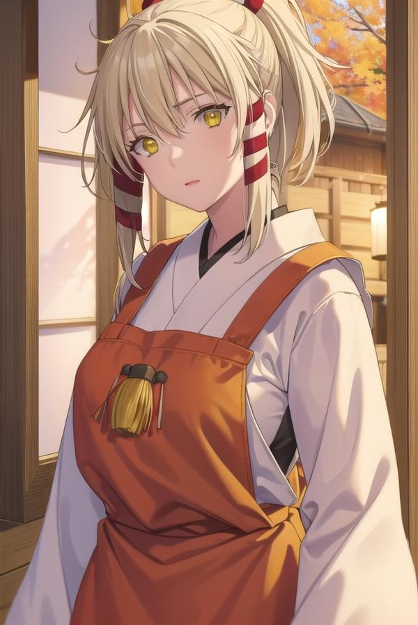 ukanomitamanokami, <lora:uka no mitama no kami s1-lora-nochekaiser:1>,uka no mitama no kami, long hair, blonde hair, hair ribbon, (yellow eyes:1.5), ponytail, tress ribbon,BREAK japanese clothes, miko, apron, (red apron:1.5),BREAK outdoors, shrine,BREAK looking at viewer, (cowboy shot:1.5),BREAK <lyco:GoodHands-beta2:1>, (masterpiece:1.2), best quality, high resolution, unity 8k wallpaper, (illustration:0.8), (beautiful detailed eyes:1.6), extremely detailed face, perfect lighting, extremely detailed CG, (perfect hands, perfect anatomy),