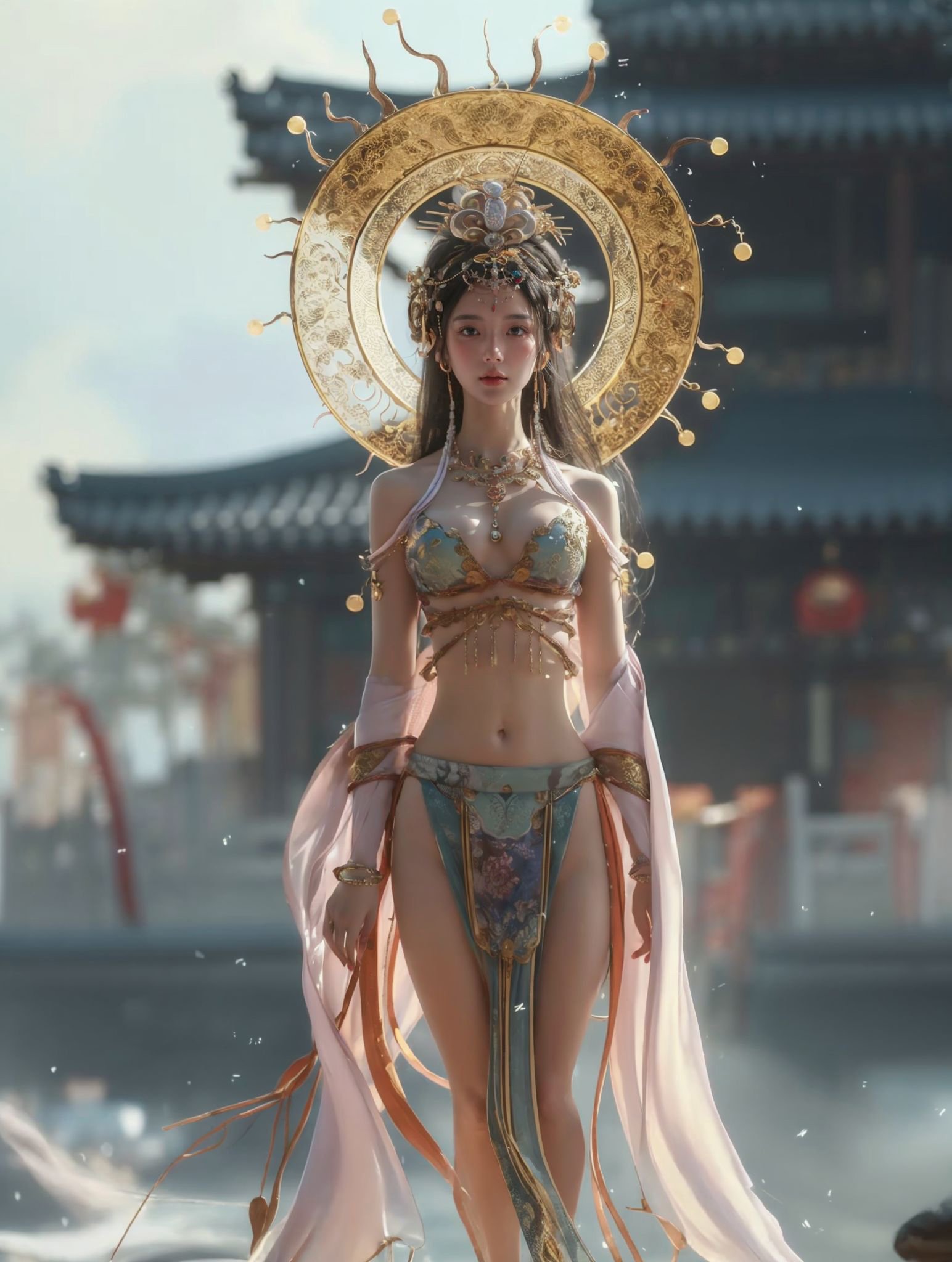 xuer Chinese goddess,1girl,solo,jewelry,blurry background,long hair,necklace,bare legs,navel,architecture,blue eyes,pelvic curtain,east asian architecture,hair ornament,brown hair,breasts,black hair,midriff,outdoors,looking at viewer,see-through,standing,closed mouth,bracelet,<lora:绪儿-中国女神 xuer Chinese goddess:0.75>,