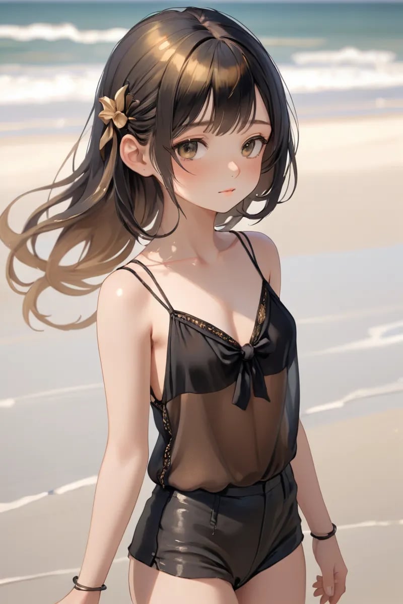 highres,best quality, tie behind the head, cute girl at beach in sheer black top, in the style of meticulous realism, dark gold and light bronze, bloomcore, dappled, dynamic color, loose and fluid, erudite