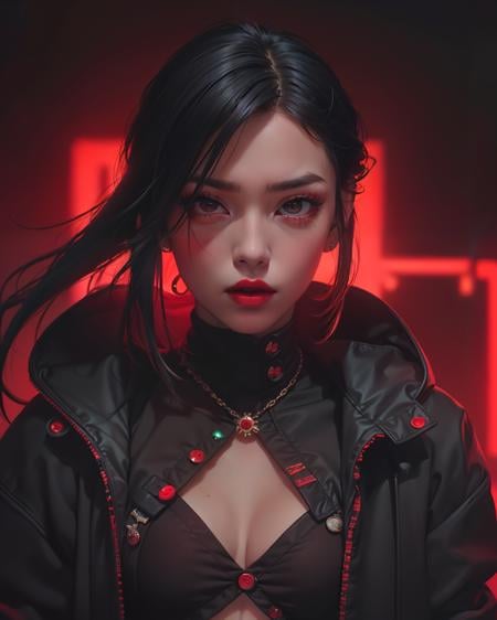 1girl, anger vein, black eyes, black hair, brown eyes, buttons, ear piercing, hoodie, jewelry, lips, lipstick, looking at viewer, multicolored hair, red lips, simple background, solo,(portrait, upper body, dynamic angle:1.2), (neon lights), (red theme:1.2, dark theme:1.3),<lora:add_detail:0.5>