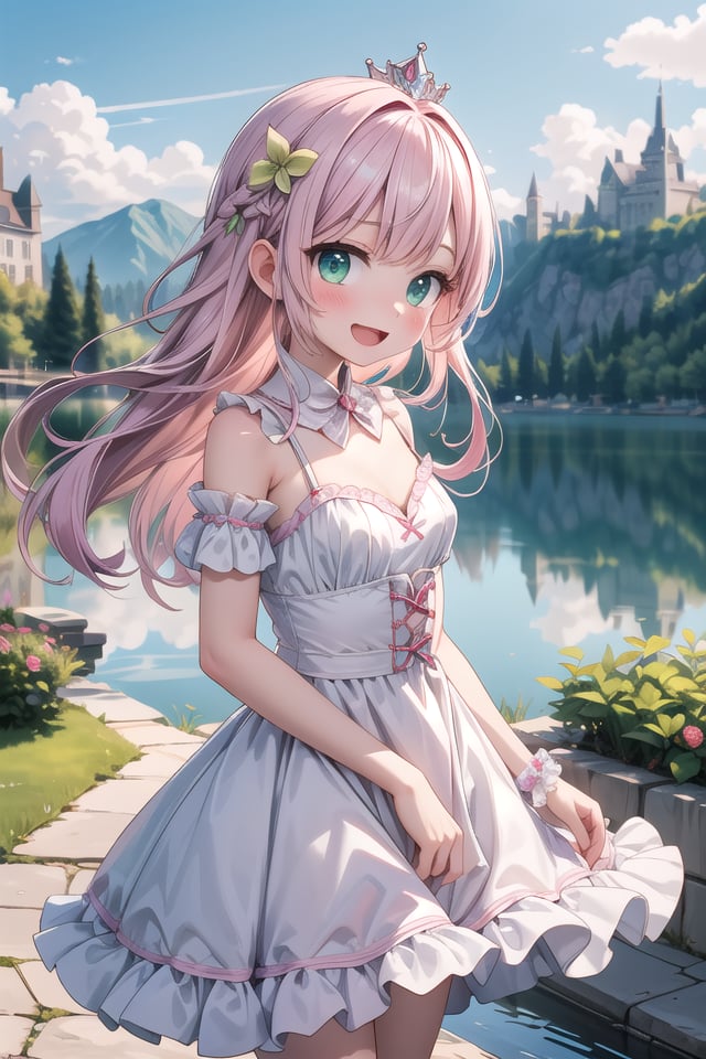 insanely detailed, absurdres, ultra-highres, ultra-detailed, best quality,1girl, solo, nice hands, perfect hands,BREAK(wearing princess dress), teara,happy smile, laugh, open mouth,standing,from side, cowboy shot, looking at viewer, (holding bar:-1.5), (hip:-1.5)BREAKslender, kawaii, perfect symmetrical face, ultra cute girl, ultra cute face, ultra detailed eyes, ultra detailed hair, ultra cute, ultra beautiful,BREAKfantasy world, (castle in background, lake:1.3), (very wide, panorama view, sense of depth, magnificent view:1.3)BREAKprincess girl, pink hair, green eyes, medium breasts