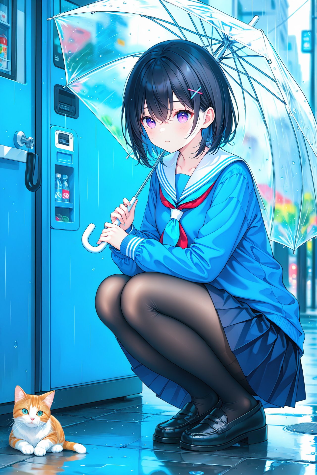 (masterpiece),(best quality),illustration,ultra detailed,hdr,Depth of field,(colorful),1girl,transparent,school uniform,rain,umbrella,cat,hair ornament,pantyhose,squatting,skirt,transparent umbrella,serafuku,holding,short hair,solo,purple eyes,black footwear,white sailor collar,outdoors,loafers,shoes,hairclip,sailor collar,x hair ornament,long sleeves,neckerchief,black hair,pleated skirt,bangs,holding umbrella,blue shirt,animal,shirt,blue serafuku,closed mouth,hair between eyes,black pantyhose,vending machine,blue skirt,black skirt,