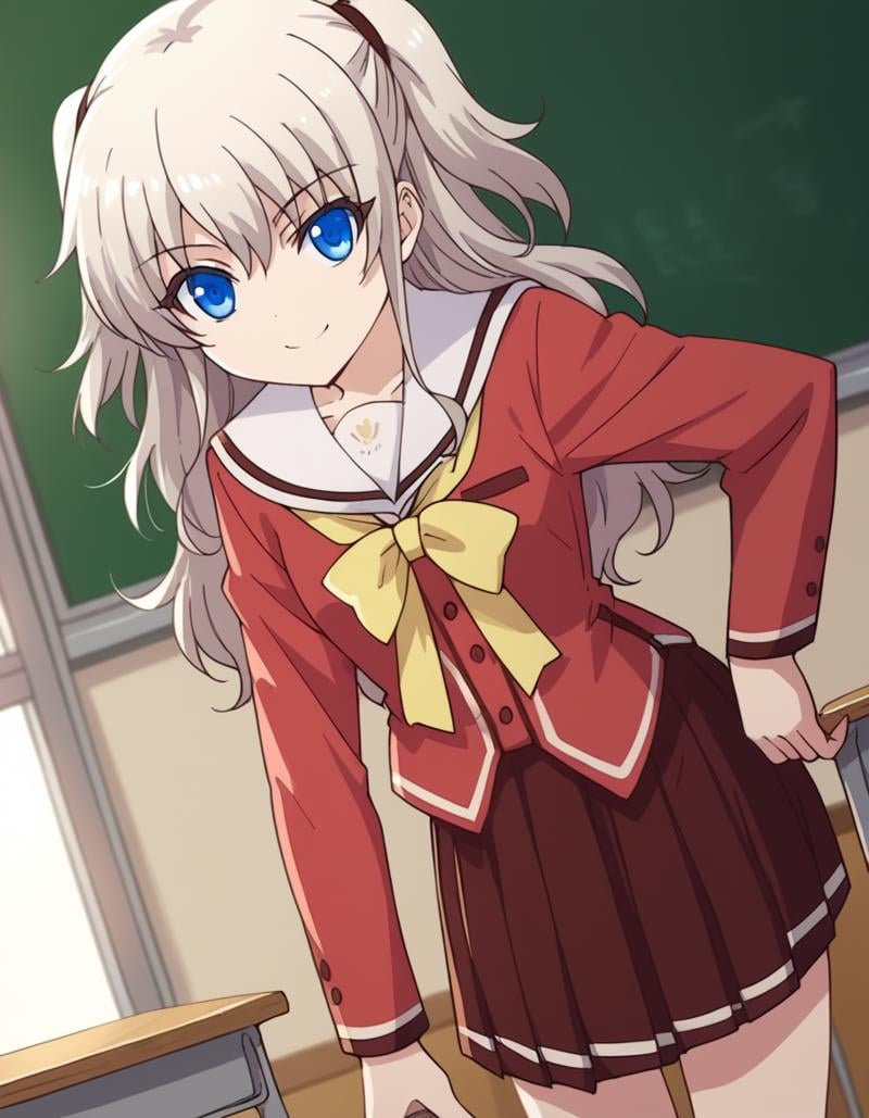 score_9, score_8_up, score_7_up, source_anime,naotomori, <lora:nao-tomori-s1-ponyxl-lora-nochekaiser:1>,nao tomori, long hair, blue eyes, two side up,school uniform, serafuku, long sleeves, red blazer, red skirt, pleated skirt, white sailor collar,indoors, classroom, bent over, smile,looking at viewer, cowboy shot, solo, dutch angle,