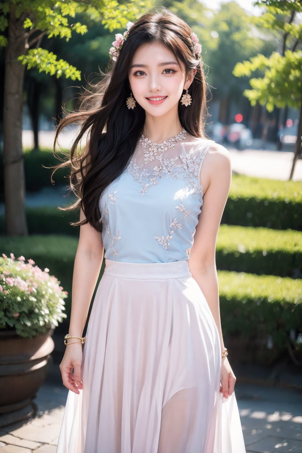 1girl, jewelry, solo, bracelet, earrings, brown hair, looking at viewer, long hair, ring, outdoors, floral print, see-through, breasts, flower, skirt, long skirt, blurry, parted lips, sleeveless, lips, blurry background, standing, dress, tree, bare shoulders, brown eyes, smile, shirt, white skirt, hair ornament, realistic, photorealistic, day, mole, medium breasts, collarbone, white dress