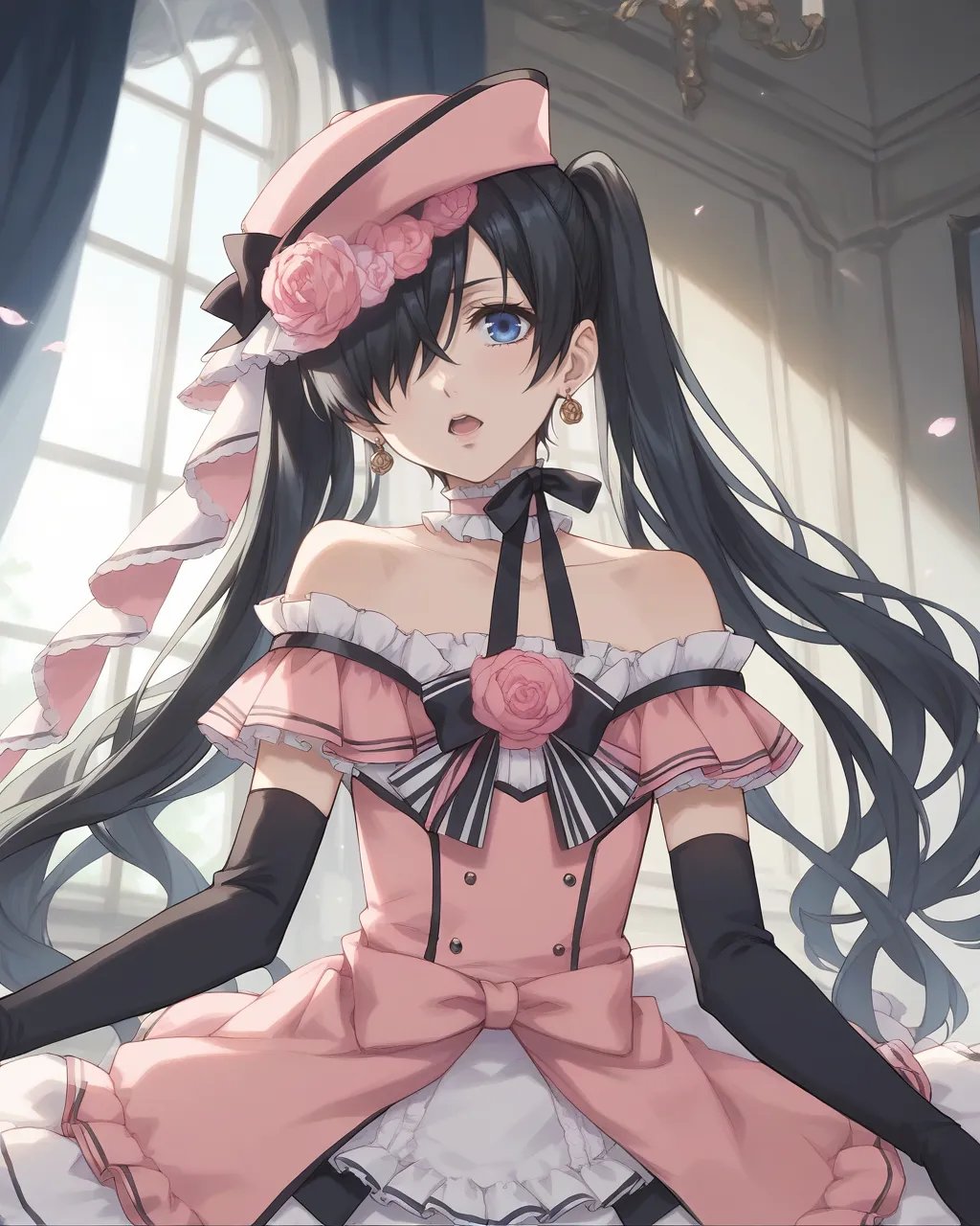 score_9,score_8_up,score_7_up,best quality, 4k, rating_safe, very aesthetic, source_anime,female orgasm,room,<lora:Ciel_Phantomhive:0.8>, Ciel_PhantomhiveBB,blue eyes,black hair,long hair,twintails,hair over one eye,flower,choker,hat,pink headwear,dress,frills,crossdressing,bare shoulders,rose,elbow gloves,earrings,dynamic angle,,