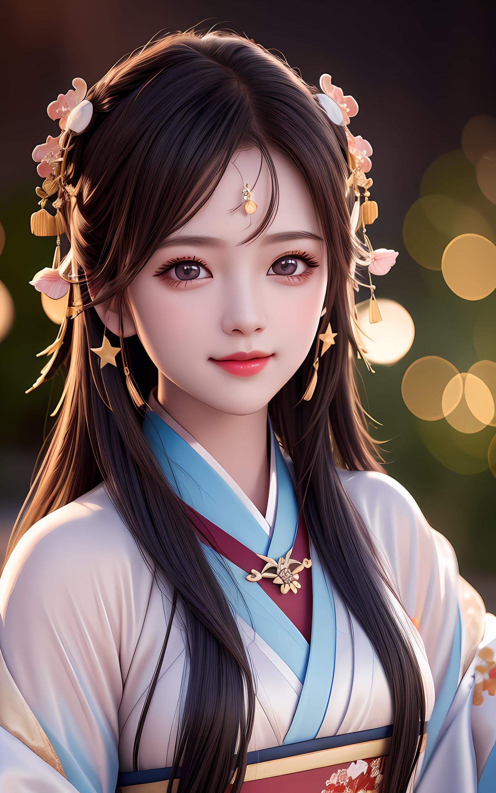 best quality, masterpiece, highres, 1girl,blush,(seductive smile:0.8),star-shaped pupils,china hanfu,hair ornament,necklace, jewelry,Beautiful face,upon_body, tyndall effect,photorealistic, dark studio, rim lighting, two tone lighting,(high detailed skin:1.2), 8k uhd, dslr, soft lighting, high quality, volumetric lighting, candid, Photograph, high resolution, 4k, 8k, Bokeh