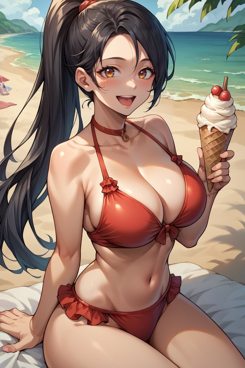 score_9, score_8_up, score_7_up, score_6_up, source_anime, BREAK 1girl, solo  <lora:doamomiji-pdxl-nvwls-v1-000005:1> doaMomiji, black hair, ponytail, red bikini, frilled bikini, large breasts, beach, happy, open mouth, holding ice cream