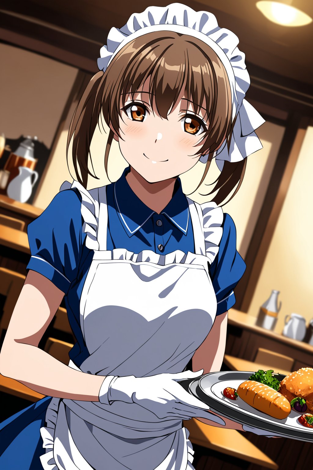 cowboy shot, sunohara shizuka, 1girl, sidelocks, brown eyes, twintails, smile, apron, blue shirt, blue skirt, frilled apron, frills, gloves, head scarf, shirt, short sleeves, skirt, uniform, waist apron, waitress, white apron, white gloves, food, tray, food tray, indoors, restaurant, looking at viewer, dutch angle, cowboy shot, vibrant lighting, high contrast, dramatic shadows, highly detailed, detailed skin, depth of field, masterpiece, best quality, expressive eyes, perfect face, perfect body, beautiful girl, cute girl,<lora:sunohara shizuka AAM 3:1>