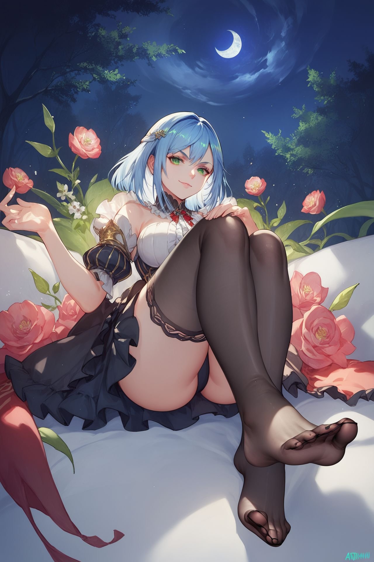 score_9, score_8_up, score_7_up, 1girl, sitting, looking at viewer, soles, white_thighhighs, foot focus, foreshortening, crossed fingers, naughty face, blue hair, straight-across fringe, green eyes, large breasts, red frilled shirt, night, Amaranthus_hypochondriacus \(flower\) background, <lora:atdan_PonyXL_style_v01:1>