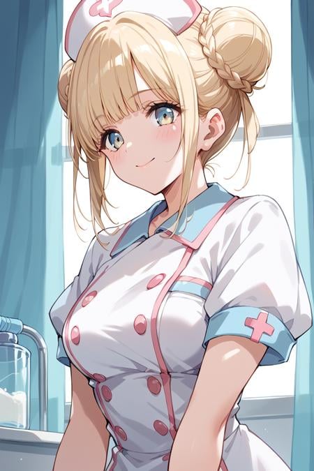 score_9, score_8_up, score_7_up, score_6_up, 1girl,<lora:Fukushima_Noa_r2:0.9> noa, blonde hair, bangs, hair buns, nurse cosplay, short sleeves,