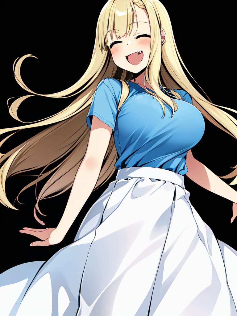 1girl, ichinose marin, blonde hair, long hair,  blue eyes, large breasts, tareme, bangs,  aqua shirt, white skirt, long skirt, smiley face, closed eyes, fang,  <lora:marin_senpai_V1:1.0>, 