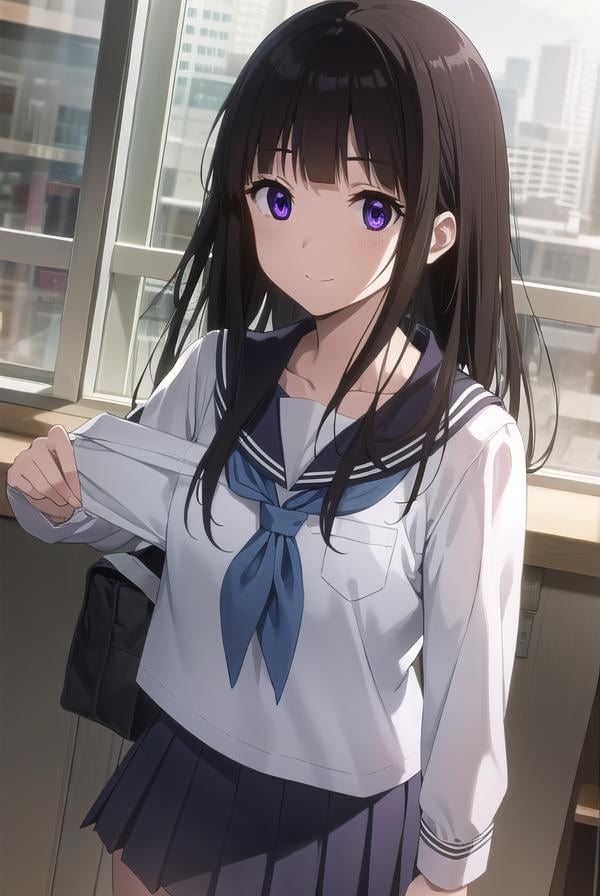 eruchitanda, <lora:eru chitanda s1-lora-nochekaiser:1>,eru chitanda, long hair, black hair, bangs, blunt bangs, (purple eyes:1.1), sidelocks, smile,BREAK skirt, school uniform, serafuku, kamiyama high school uniform \(hyouka\), black skirt, long sleeves, black sailor collar,BREAK indoors, classroom,BREAK looking at viewer, (cowboy shot:1.5),BREAK <lyco:GoodHands-beta2:1>, (masterpiece:1.2), best quality, high resolution, unity 8k wallpaper, (illustration:0.8), (beautiful detailed eyes:1.6), extremely detailed face, perfect lighting, extremely detailed CG, (perfect hands, perfect anatomy),