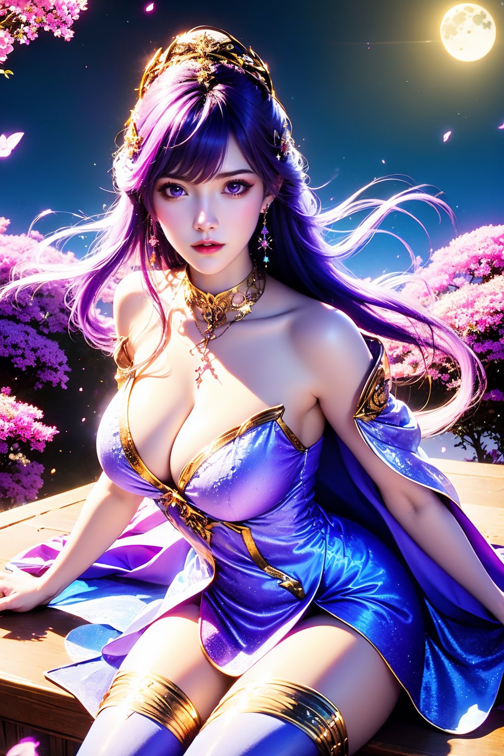 1girl, jewelry, solo, thighhighs, purple hair, moon, dress, breasts, earrings, necklace, long hair, sitting, night, purple dress, purple eyes, white thighhighs, looking at viewer, cleavage, petals, large breasts, sky, star \(sky\), night sky, full moon, flower, hair ornament, falling petals, butterfly, tiara, red lips, bug, realistic, starry sky, parted lips, bare shoulders, clothing cutout, shoulder cutout, collarbone